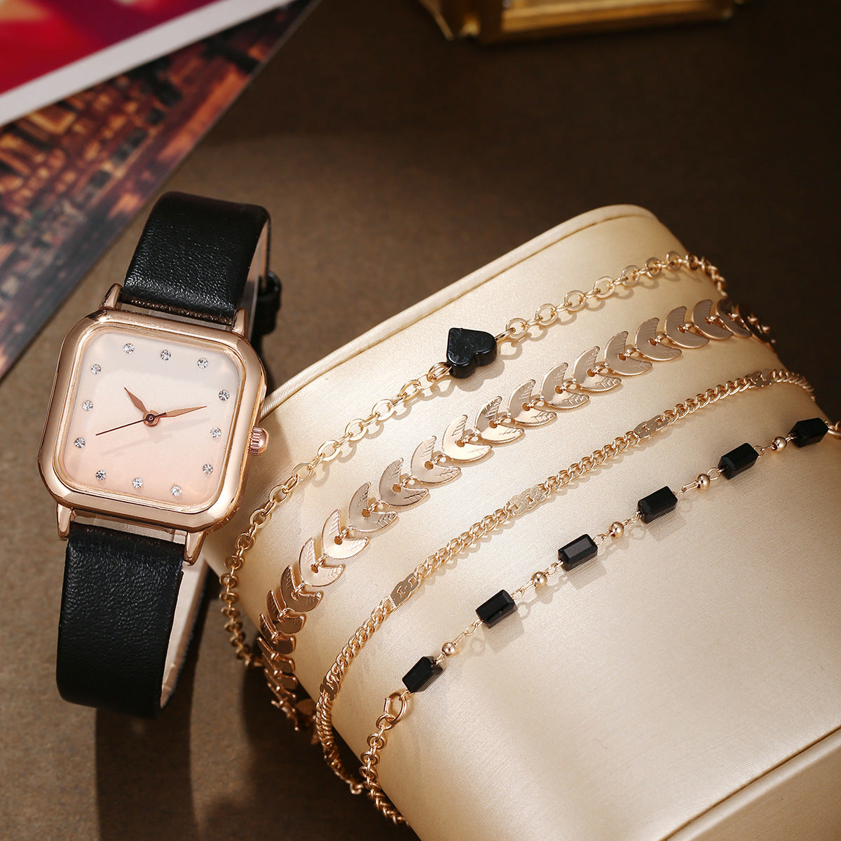Square quartz watch black love alloy bracelet