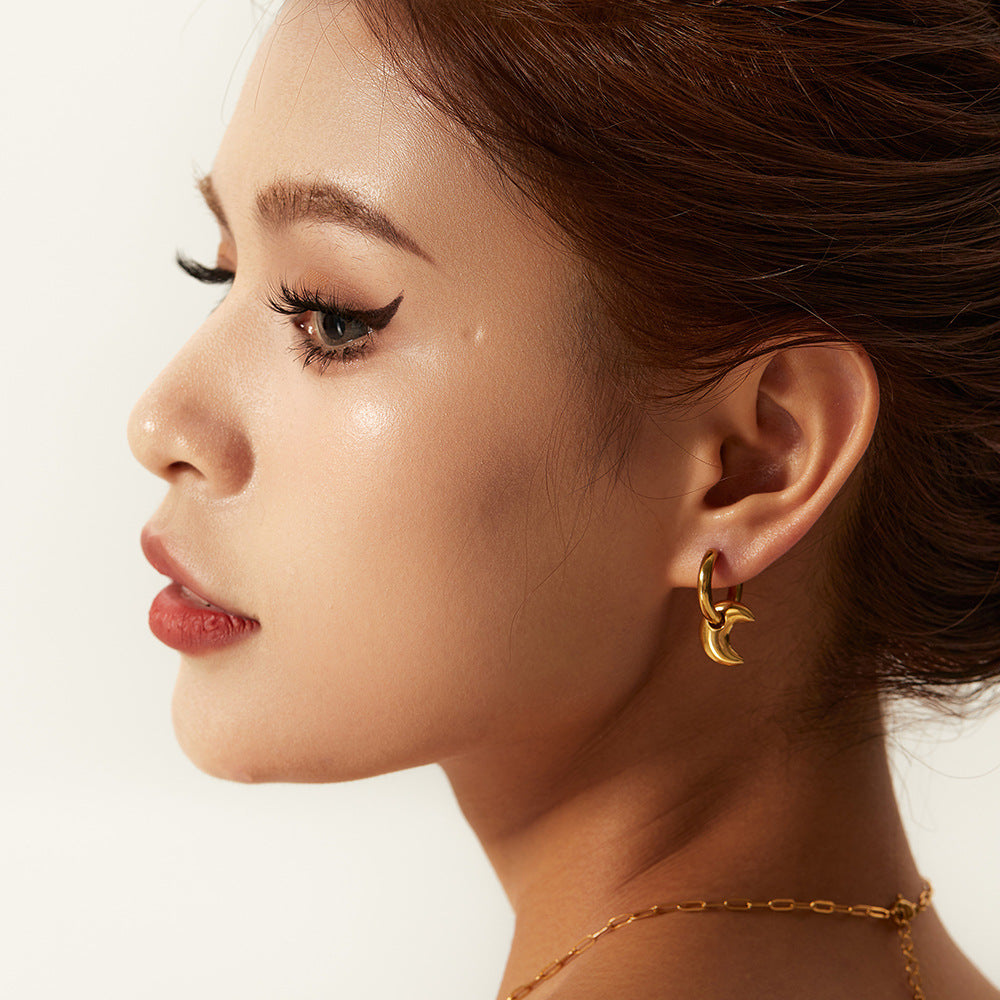 14K Gold Moon Hoop Pendant Earrings