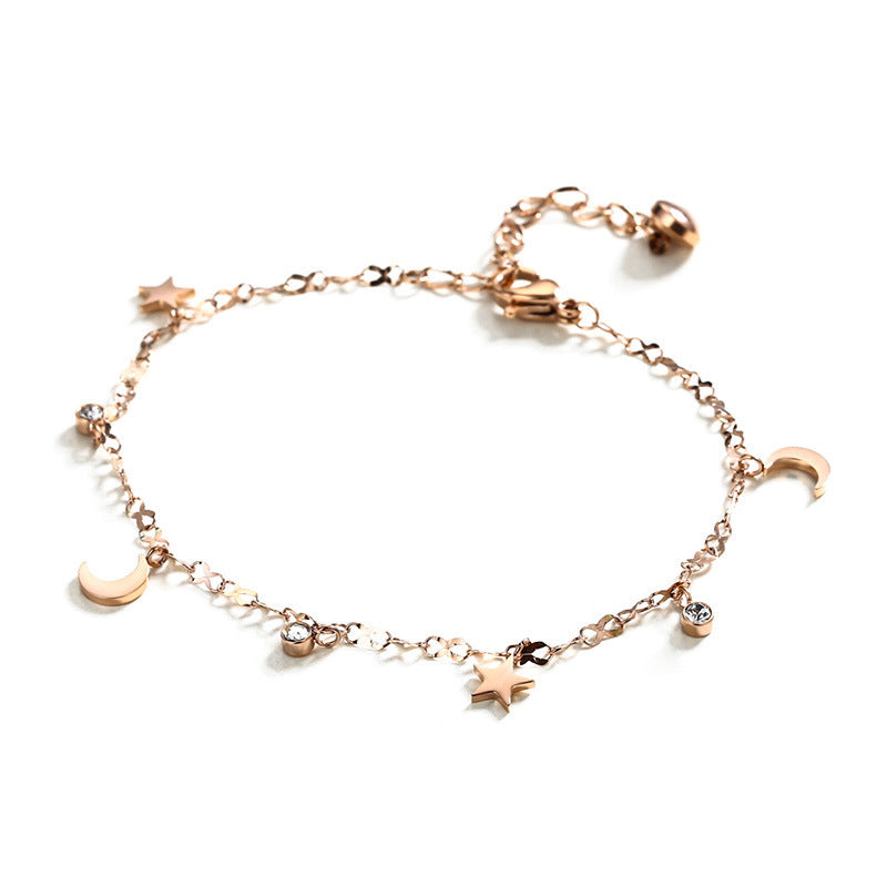 Star & Moon Diamond Titanium Steel Anklet — Rose Gold Plated