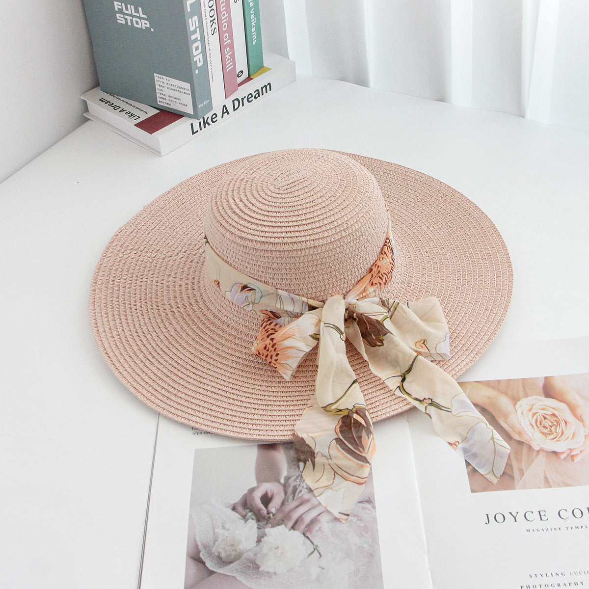 Beach Straw Hat Wide-Brim UV Protection Foldable with Bow