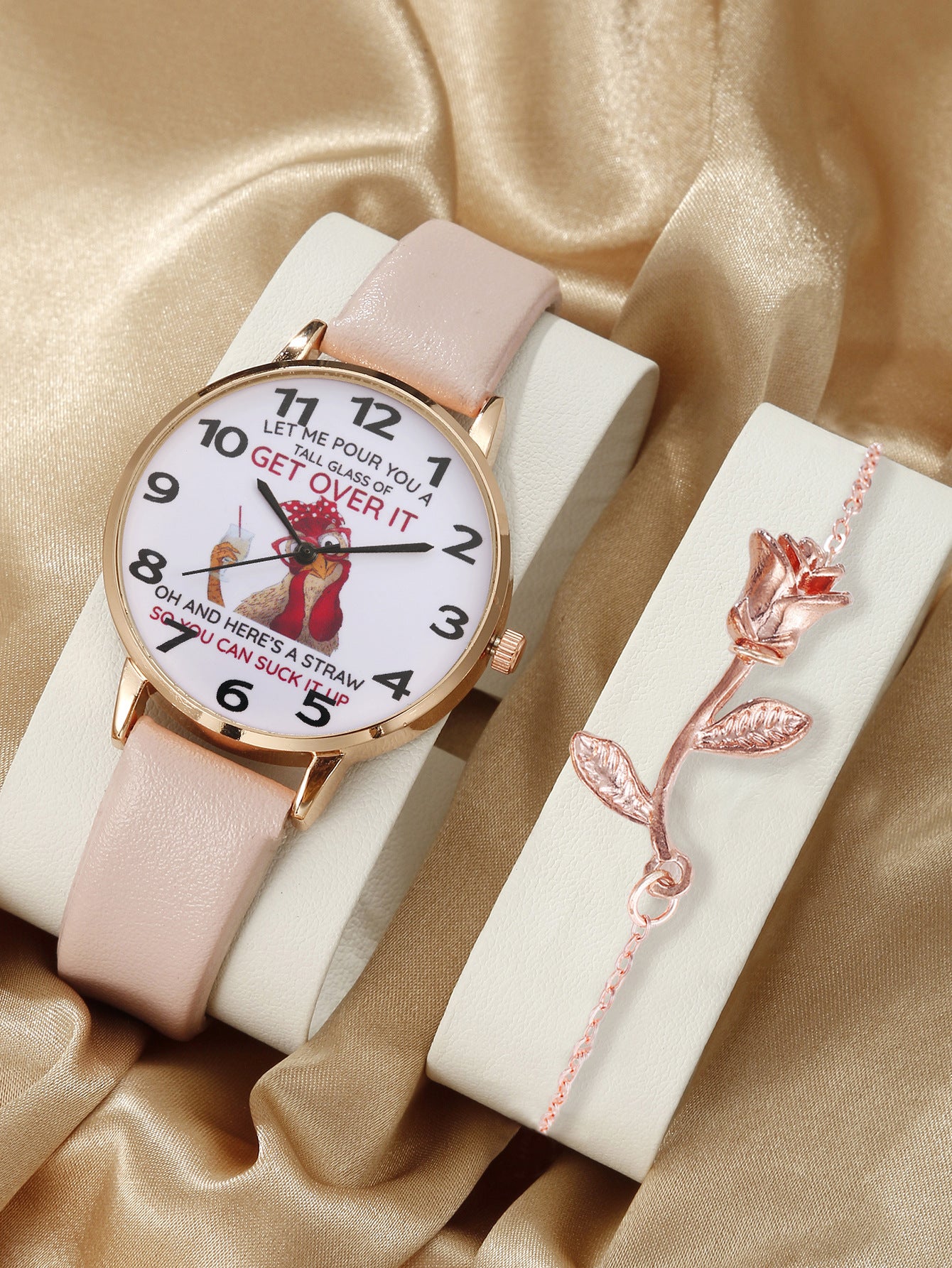 Round digital watch rose bracelet set