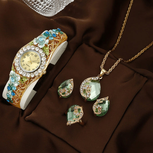 Watch Square Peacock Water Drop Jewelry Set