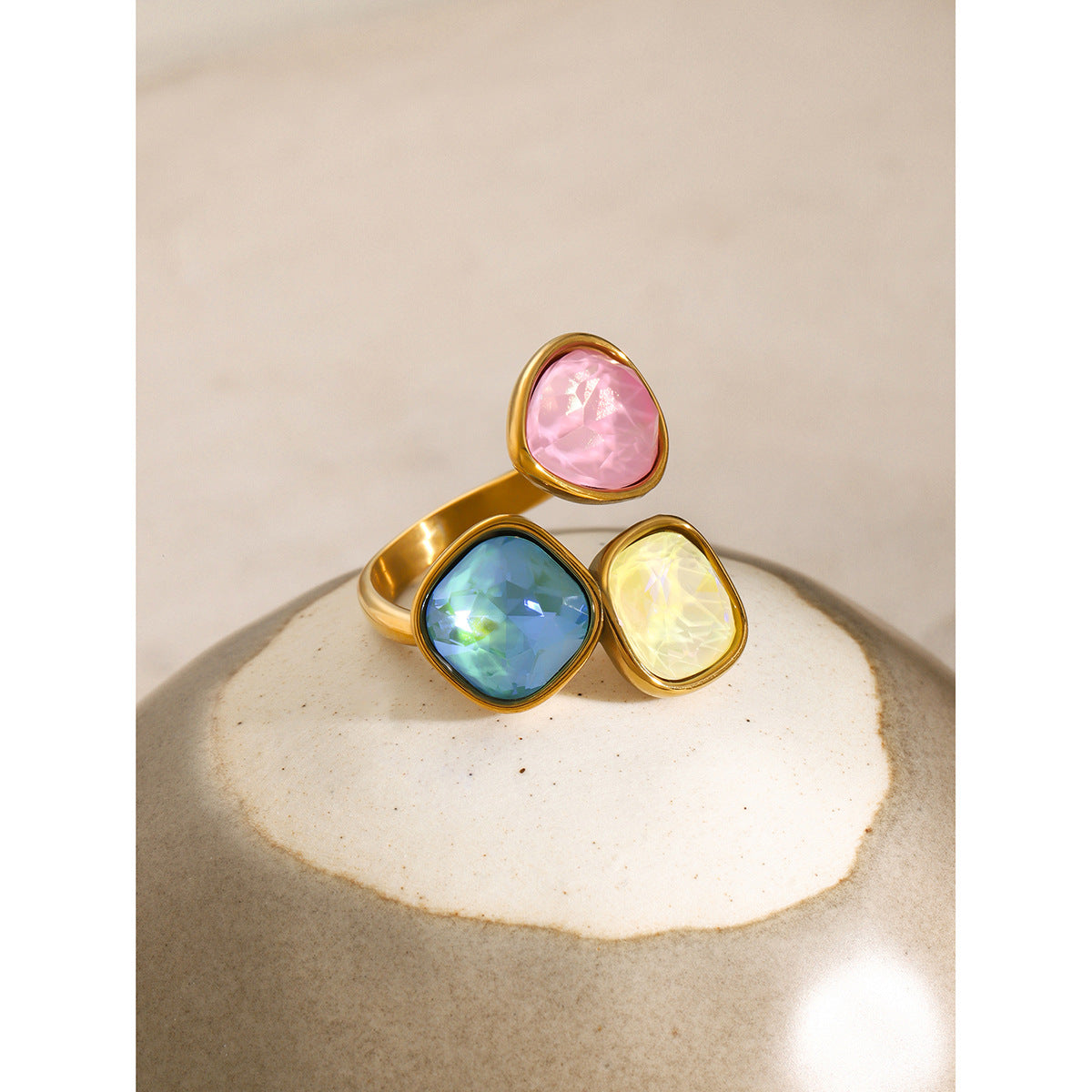 Three-color rhinestone open titanium steel ring