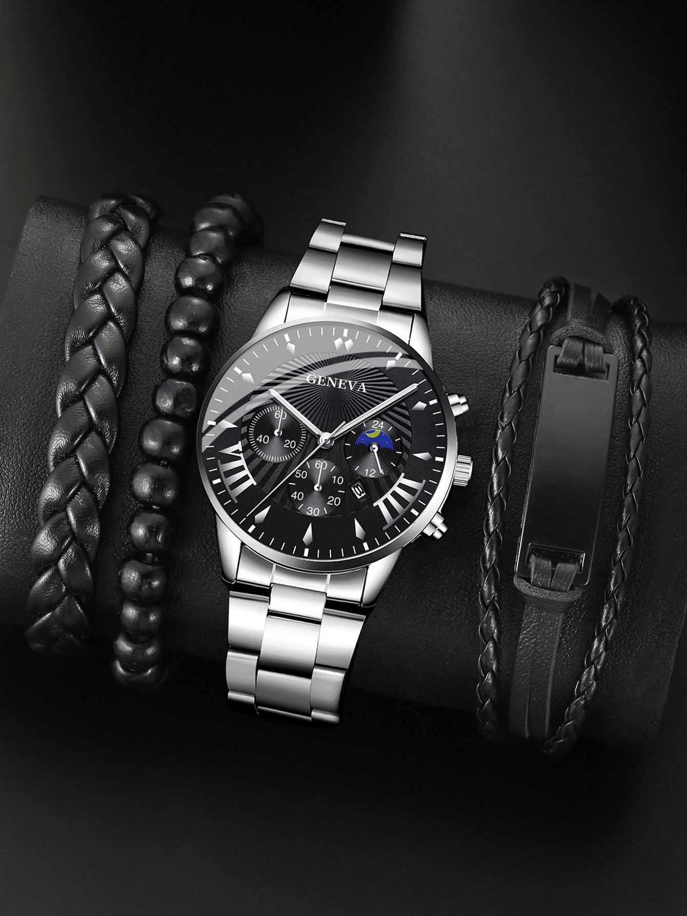 Steel belt quartz watch 3 bracelets Iron plate set
