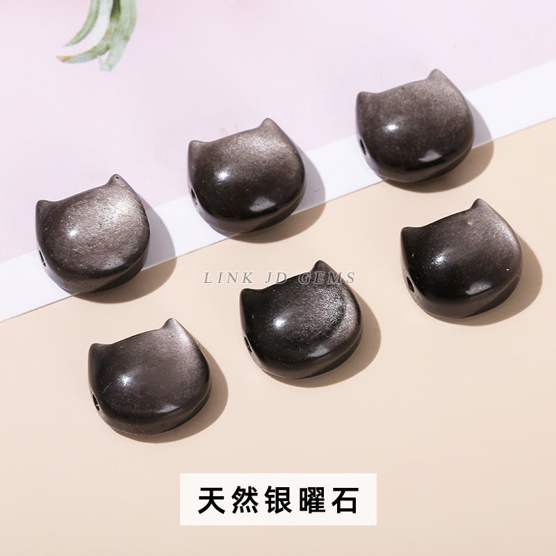 14Mm natural silver obsidian cat head horizontal hole accessories