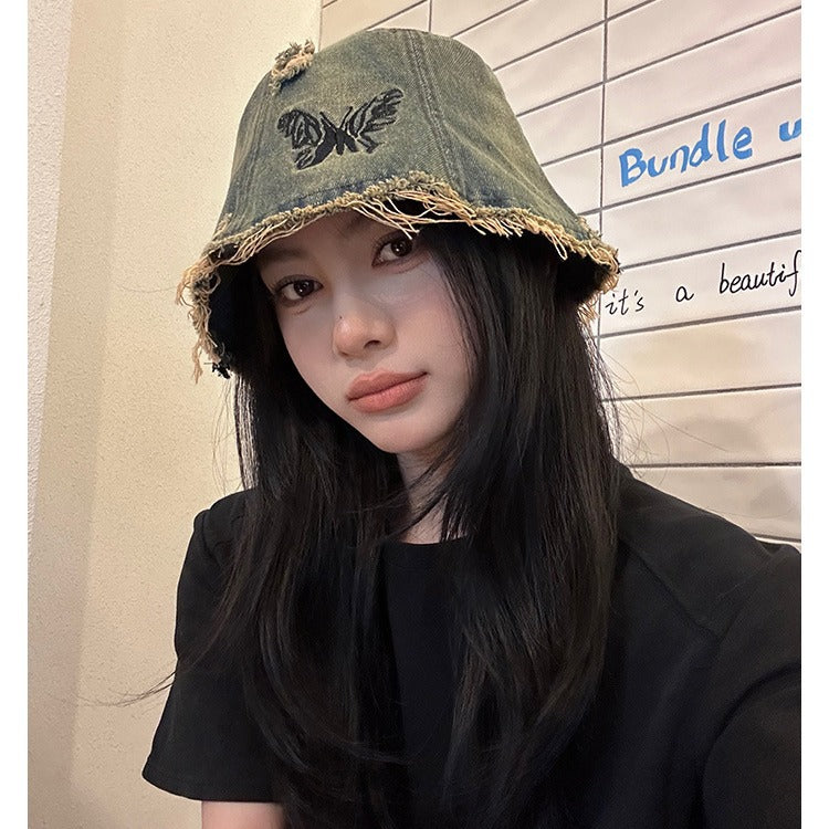 Vintage Embroidered Butterfly Denim Bucket Hat