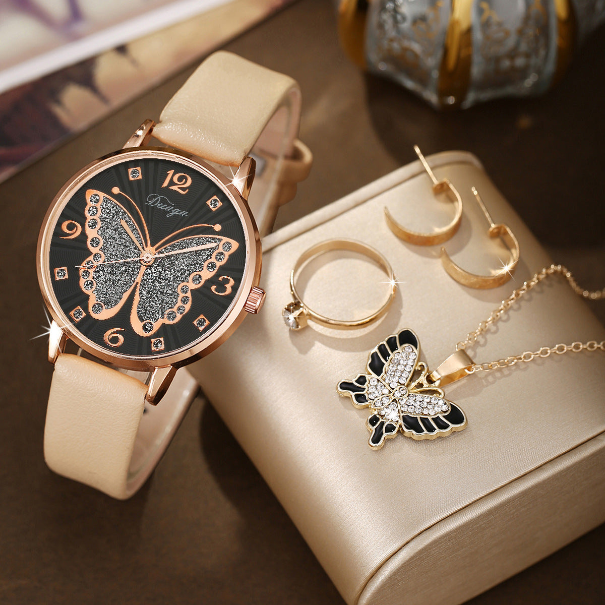 Rose Gold Diamond Butterfly Watch Pearl Jewelry Set