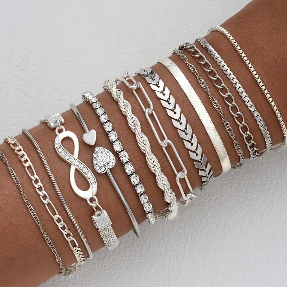 14-Piece Diamond Love & Snake Chain Bracelet Set