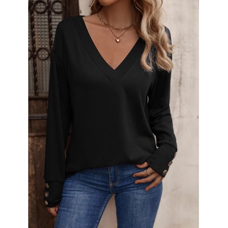V-neck loose long-sleeved T-shirt