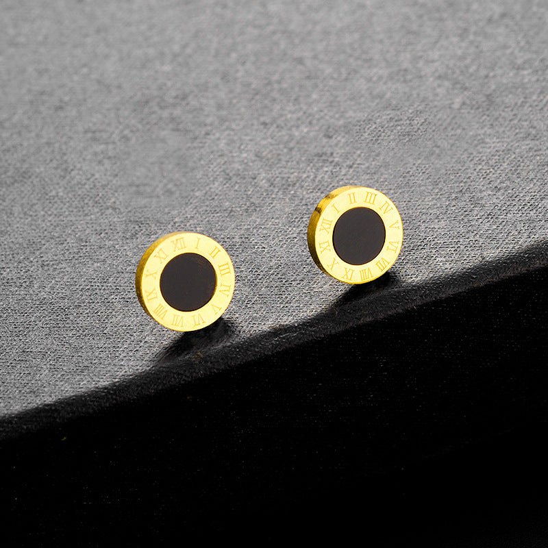 Round Black Roman Titanium Steel Stud Earrings