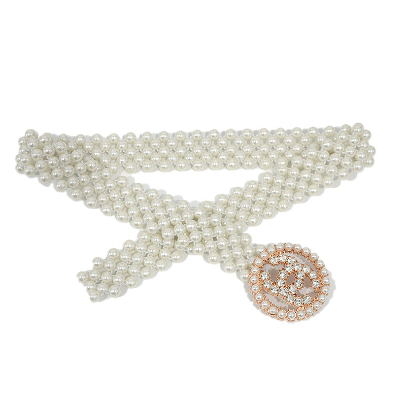 Slim Fit Rhinestone Pearl Wide Waist Chain