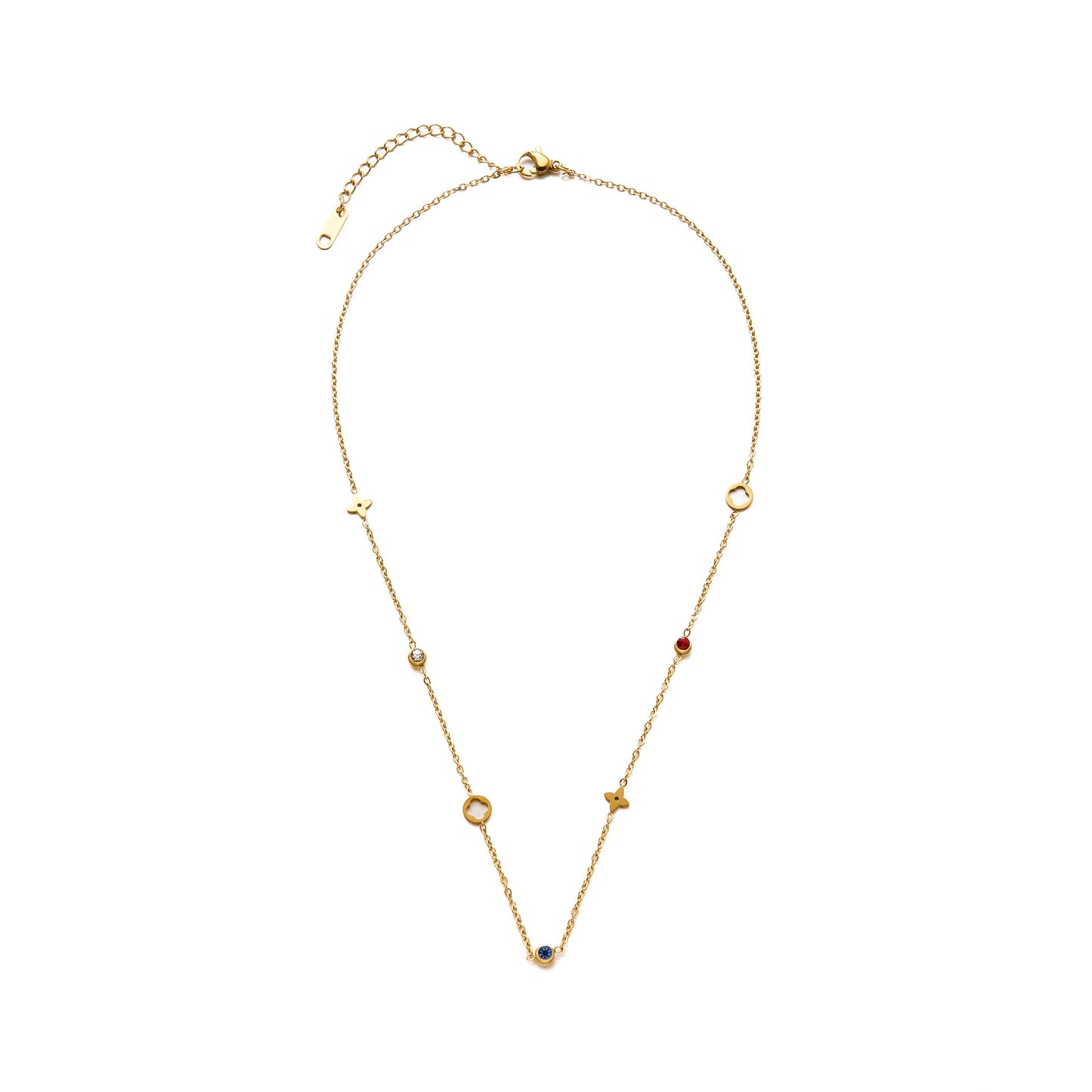 Women's 18K Gold-Plated Titanium Steel Four-Leaf Flower Necklace with Colored Stones