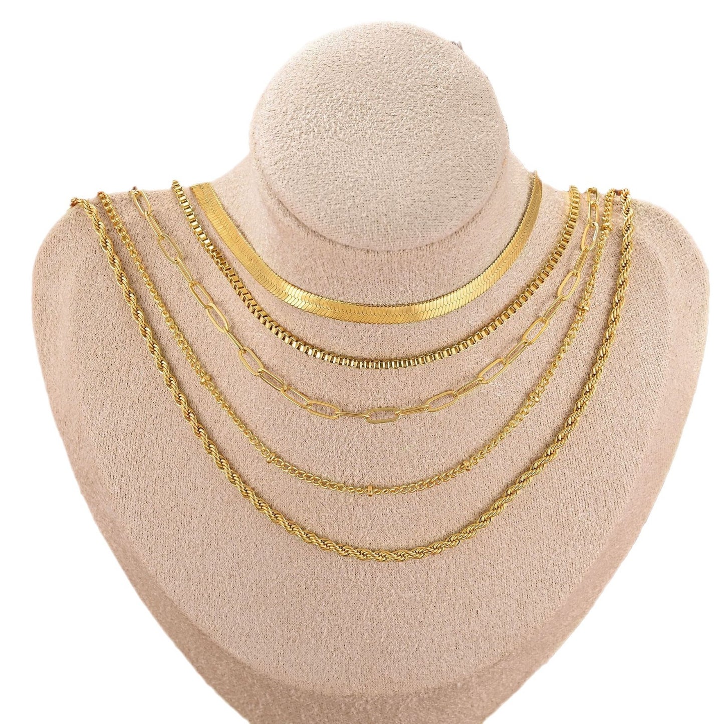 5-Piece Gold Zircon Twist & Snake Chain Necklace Set