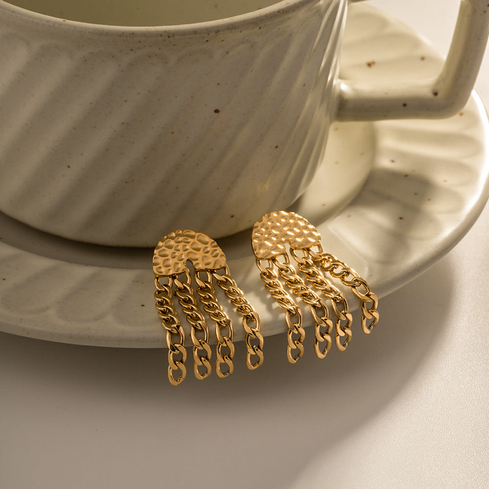Textured Stainless Steel Chain Tassel Earrings