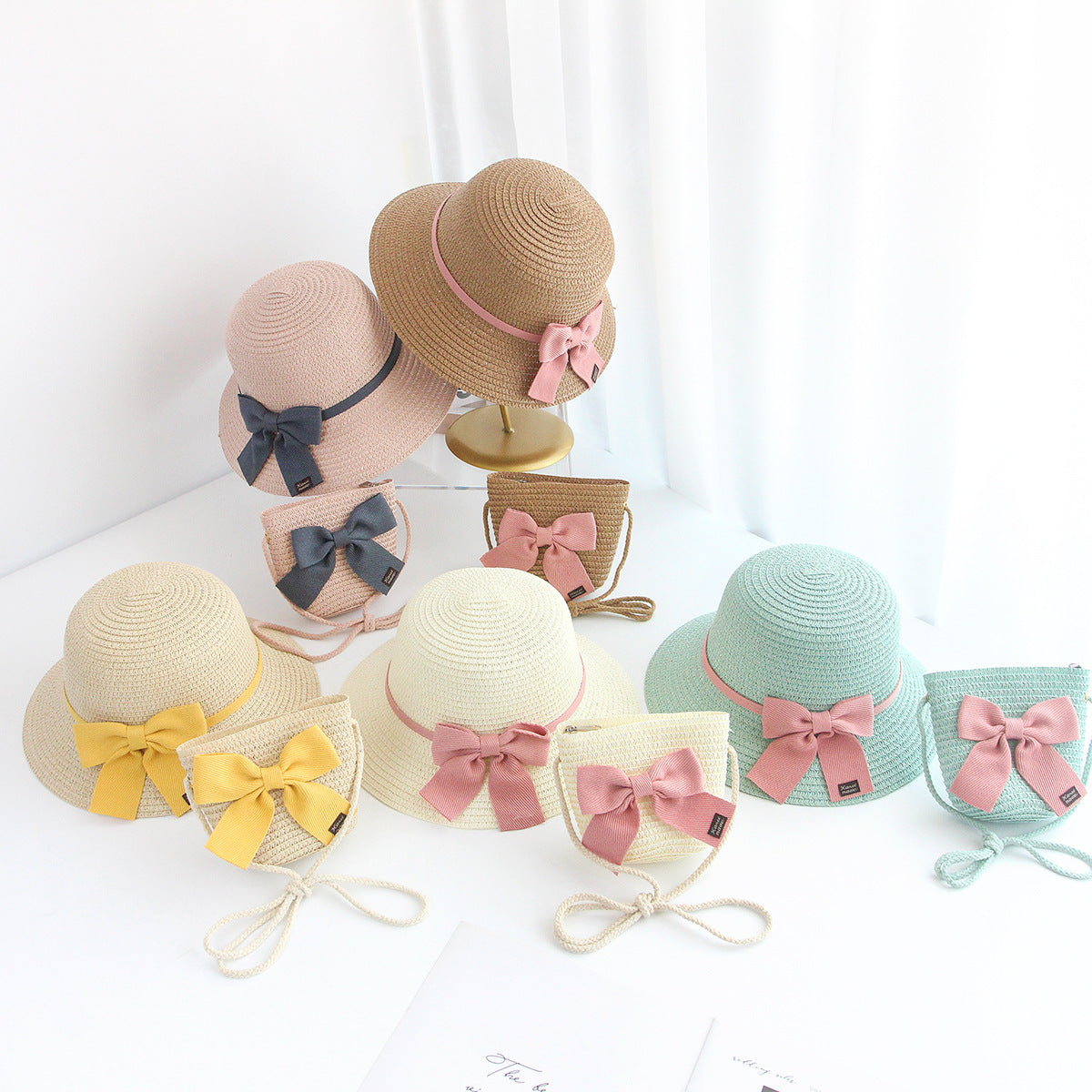 Sombrero de paja para el sol para niños con lazo de encaje, conjunto de 2 piezas