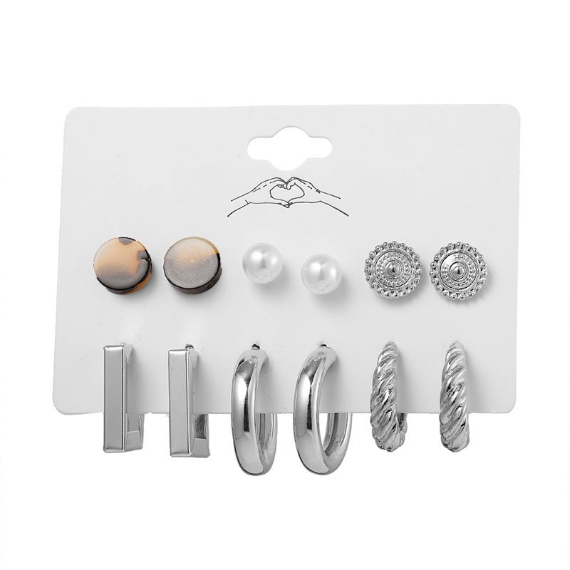 6-Pair Geometric Leopard Pearl Earring Set