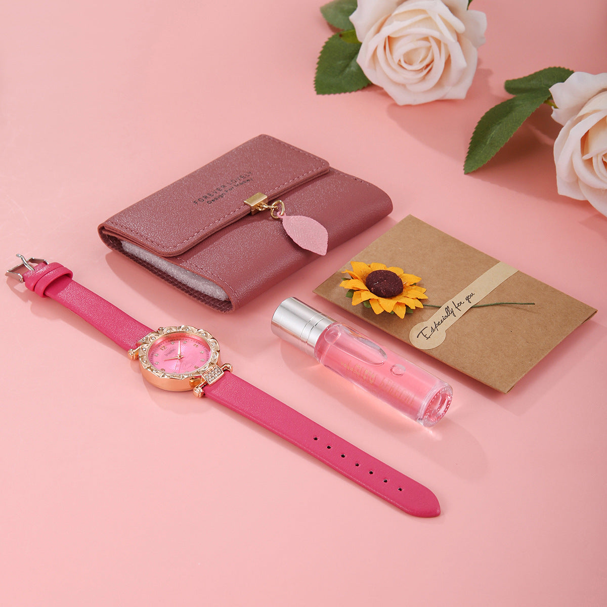 Purple Leather Strap Watch 4-piece Set