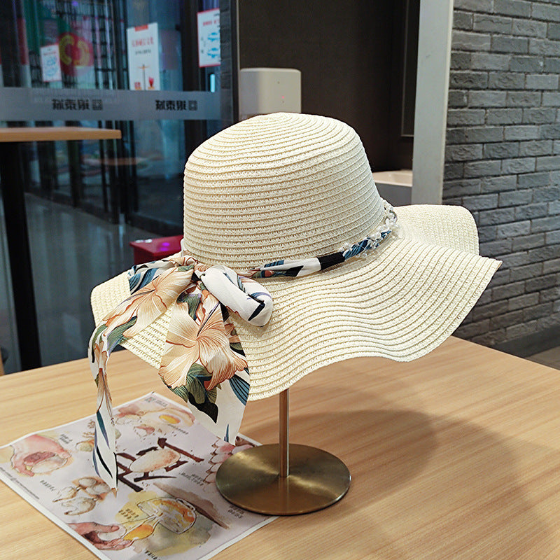 Wavy Edge Bow Straw Hat Summer Large Brim UV Protection