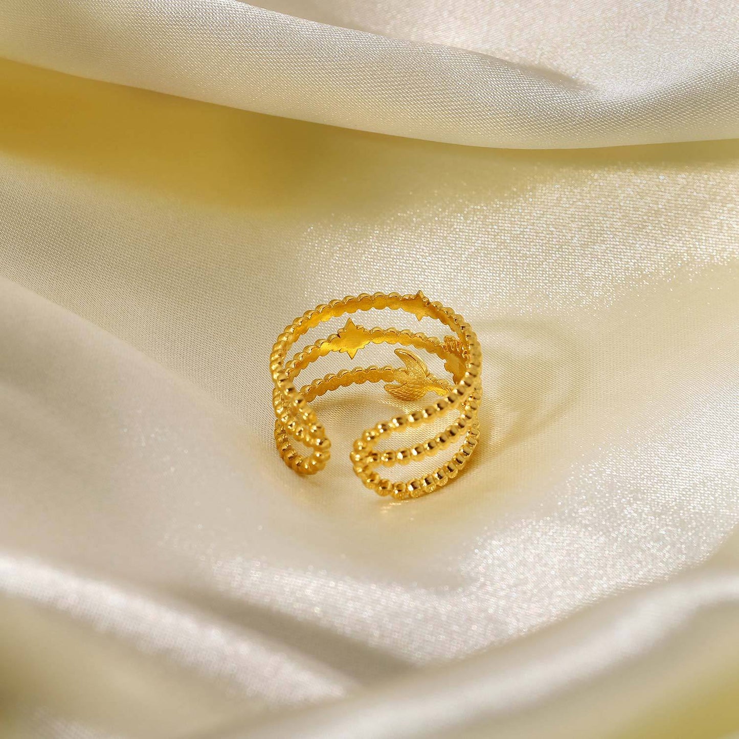 Three-layer star and moon open ring