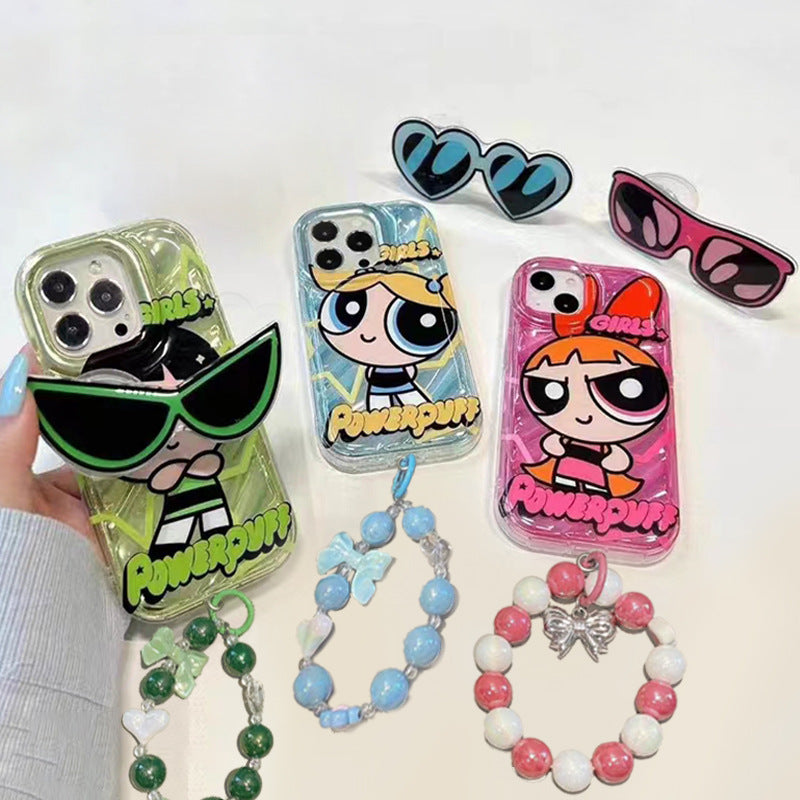 Water Wave Case iPhone15 Pro X Powerpuff Girls Sunglasses Stand