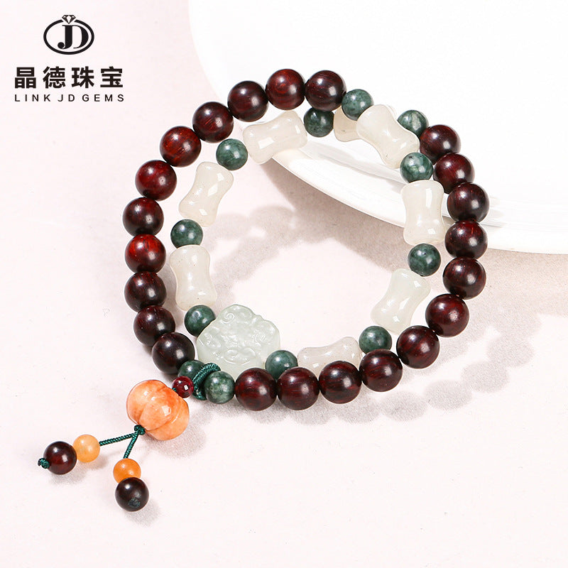 Pulsera de doble anillo con cuentas de bambú y jade de madera de rama agria