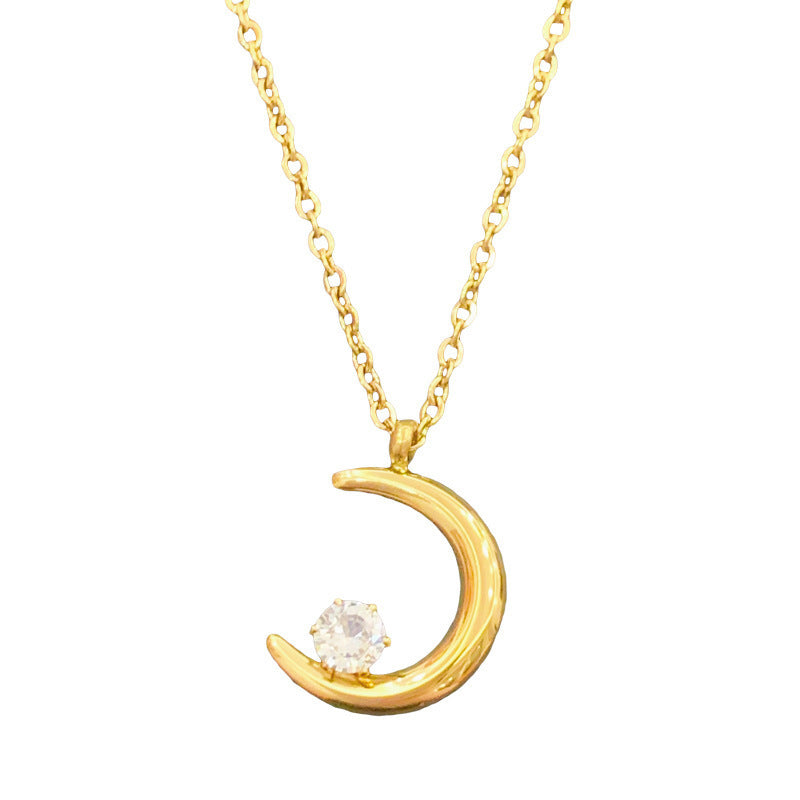 Women's 18K Titanium Steel Moon Zircon Collarbone Necklace