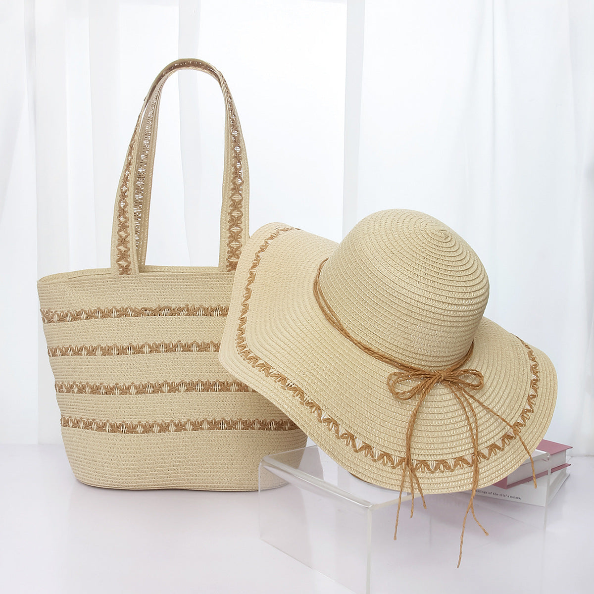 Straw Hat and Tote Set Summer Beach Sun Protection Hat Simple Sun Hat