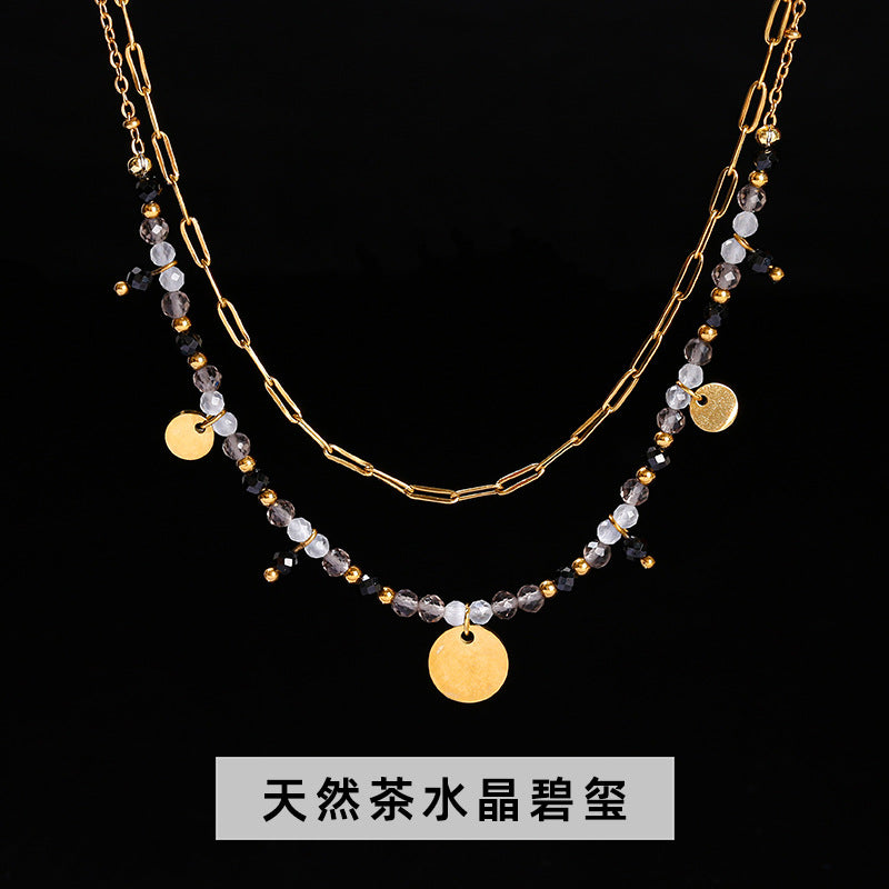 Cut natural stone stainless steel round card double-layer necklace