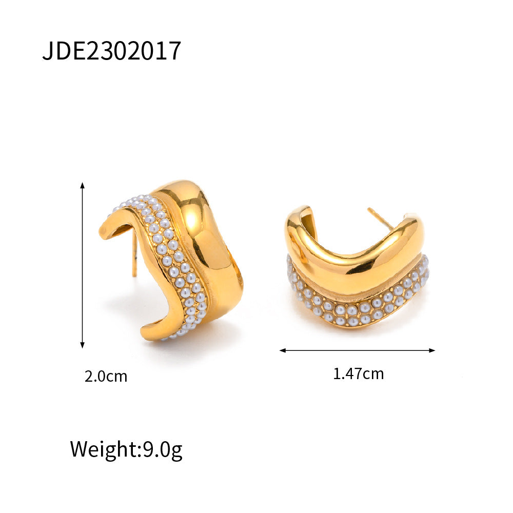 18K pearl inlaid C-shaped versatile earrings