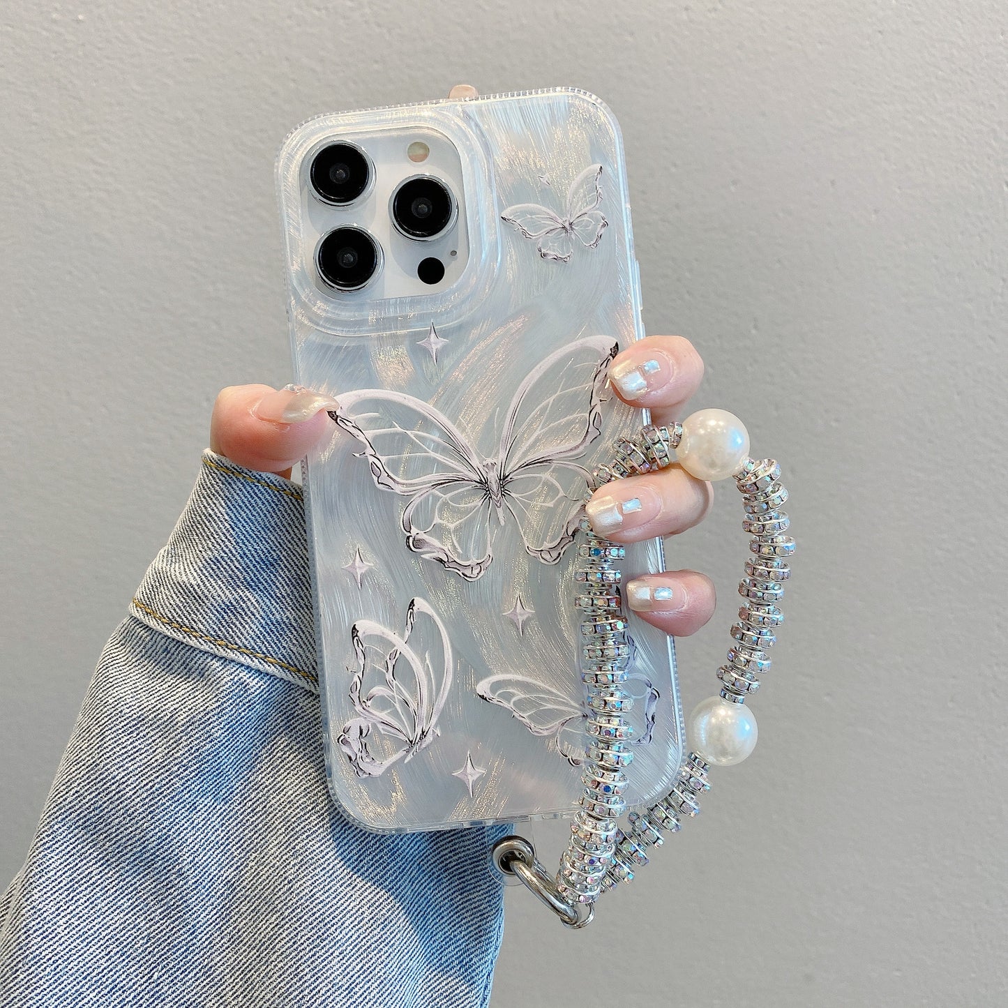Funda rígida con cadena de mariposas plateada para iPhone 15, Pro, 12 y 14
