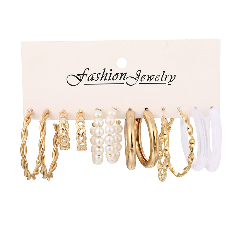 C-shaped gold circle resin pearl earrings 6-piece set