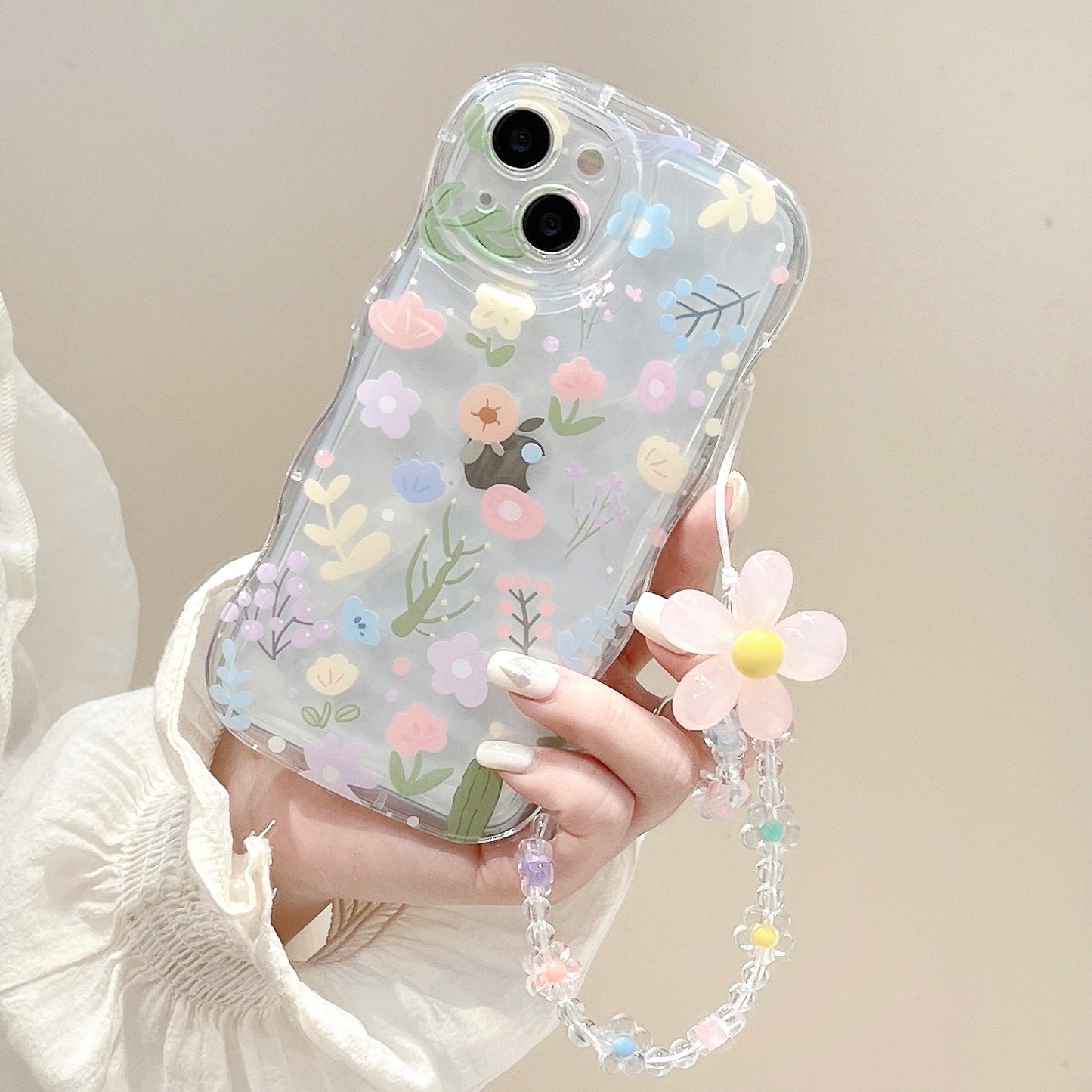 Wavy Bubble Case iPhone15 Pro XR Colorful Floral Chain Cover