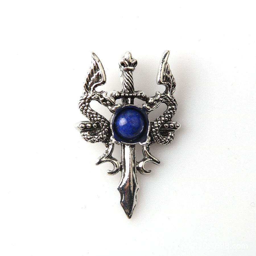 Pingente dominador masculino retrô de pedra de cristal duplo dragão