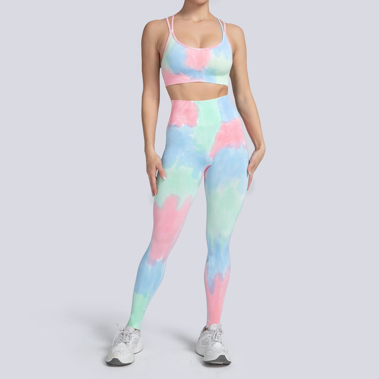 Conjunto de yoga de cintura alta con efecto tie-dye sin costuras