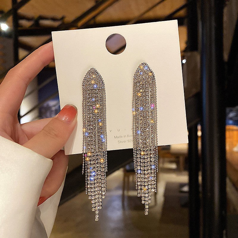 925 silver needle long fringed earrings