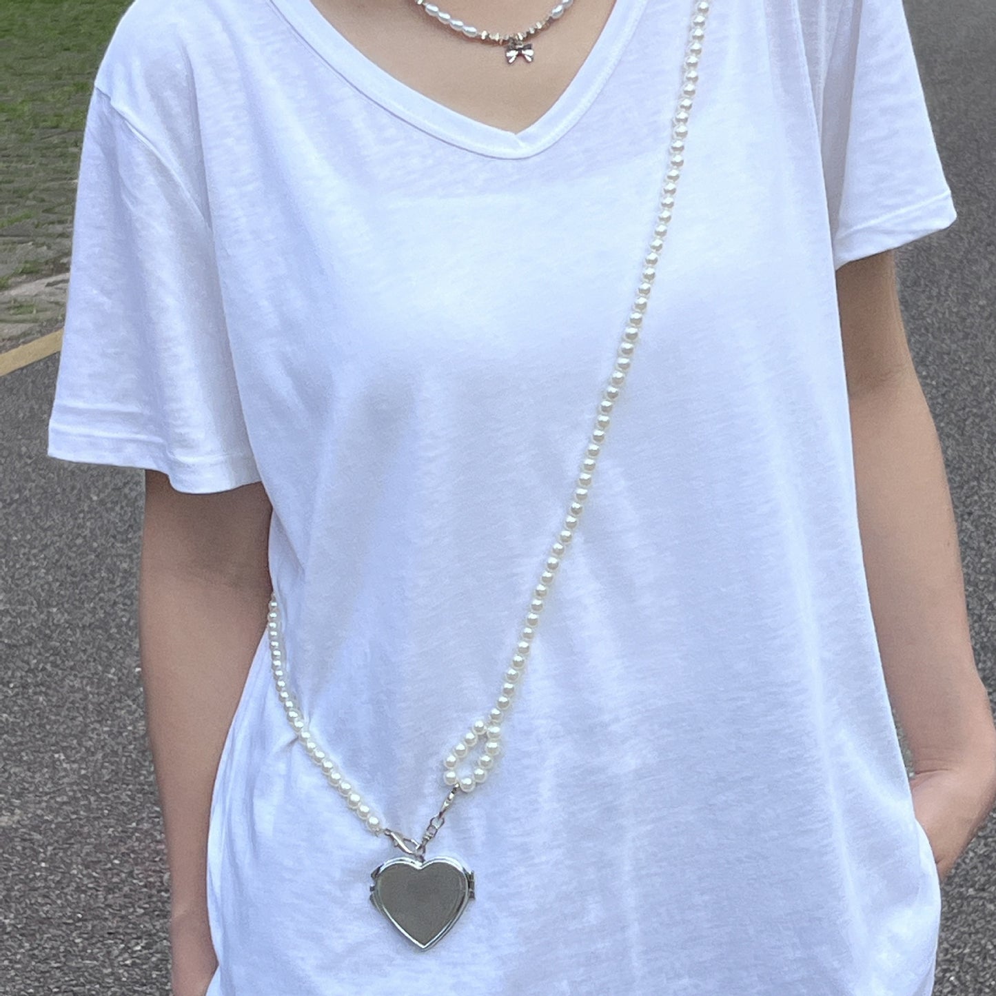 Pearl chain metal heart messenger bag