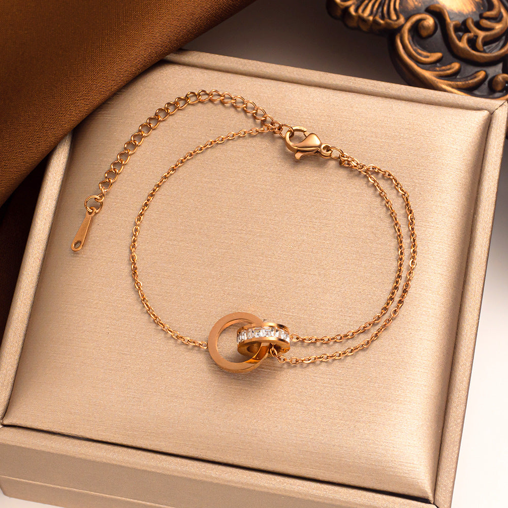 Pulseira romana de aço titânio com anel duplo – minimalista, moderna, moderna e unissex