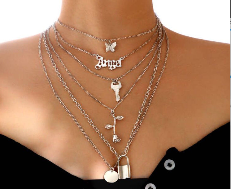 Multi-Layer Lock & Rose Necklace Set