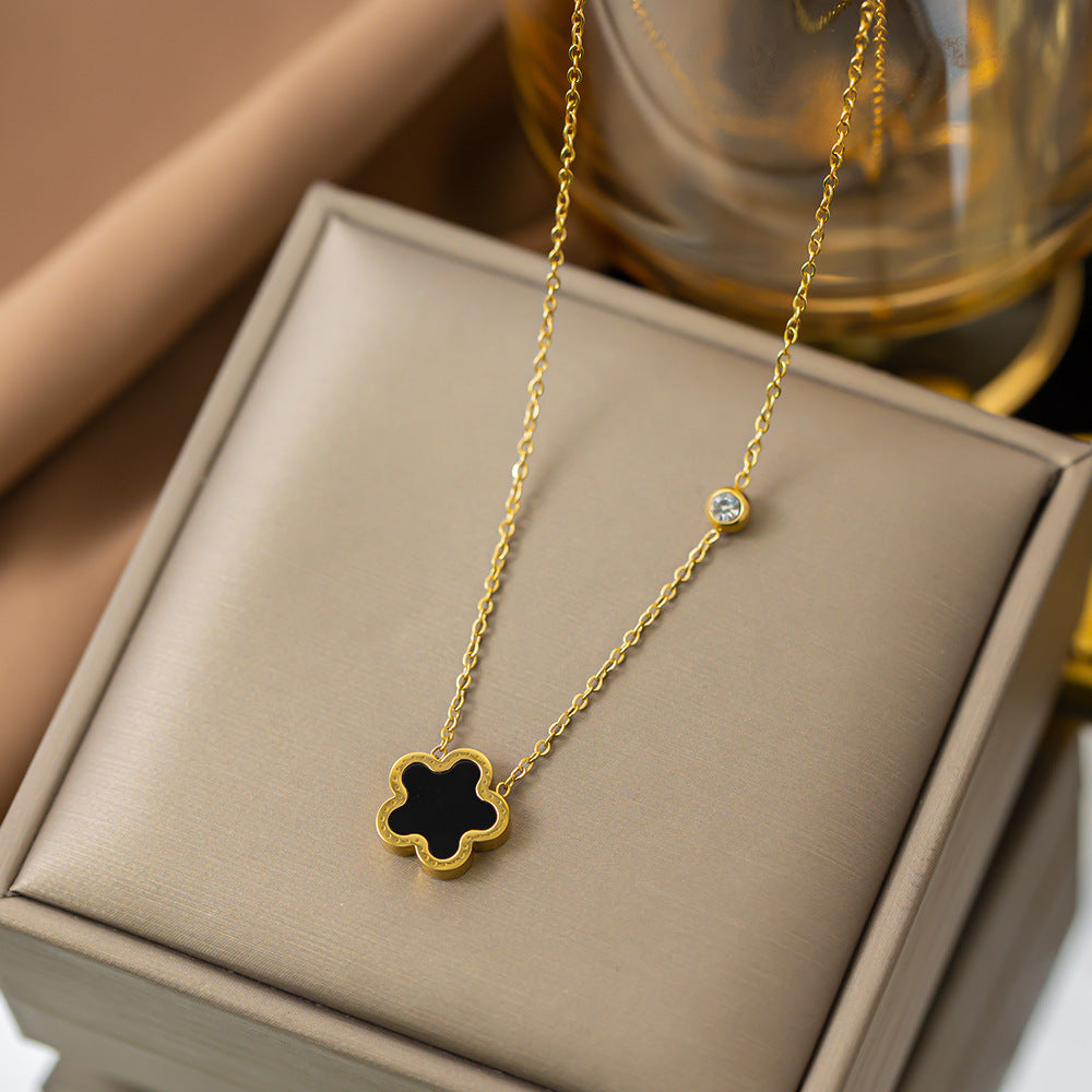 Women's Titanium Steel Plum Blossom Pendant Necklace with Diamond Accents