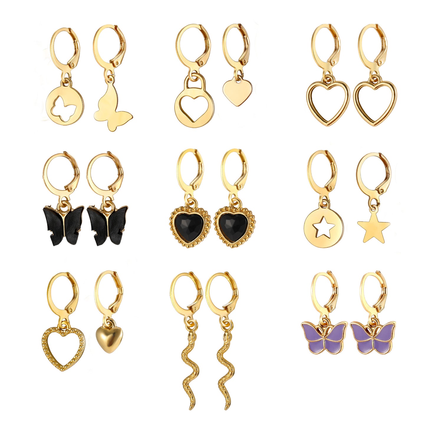 Black Heart & Butterfly Earring Set (9-Piece)