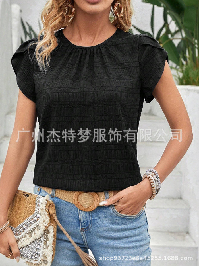 Crew Neck Petal Sleeve Temperament Short Sleeve Top