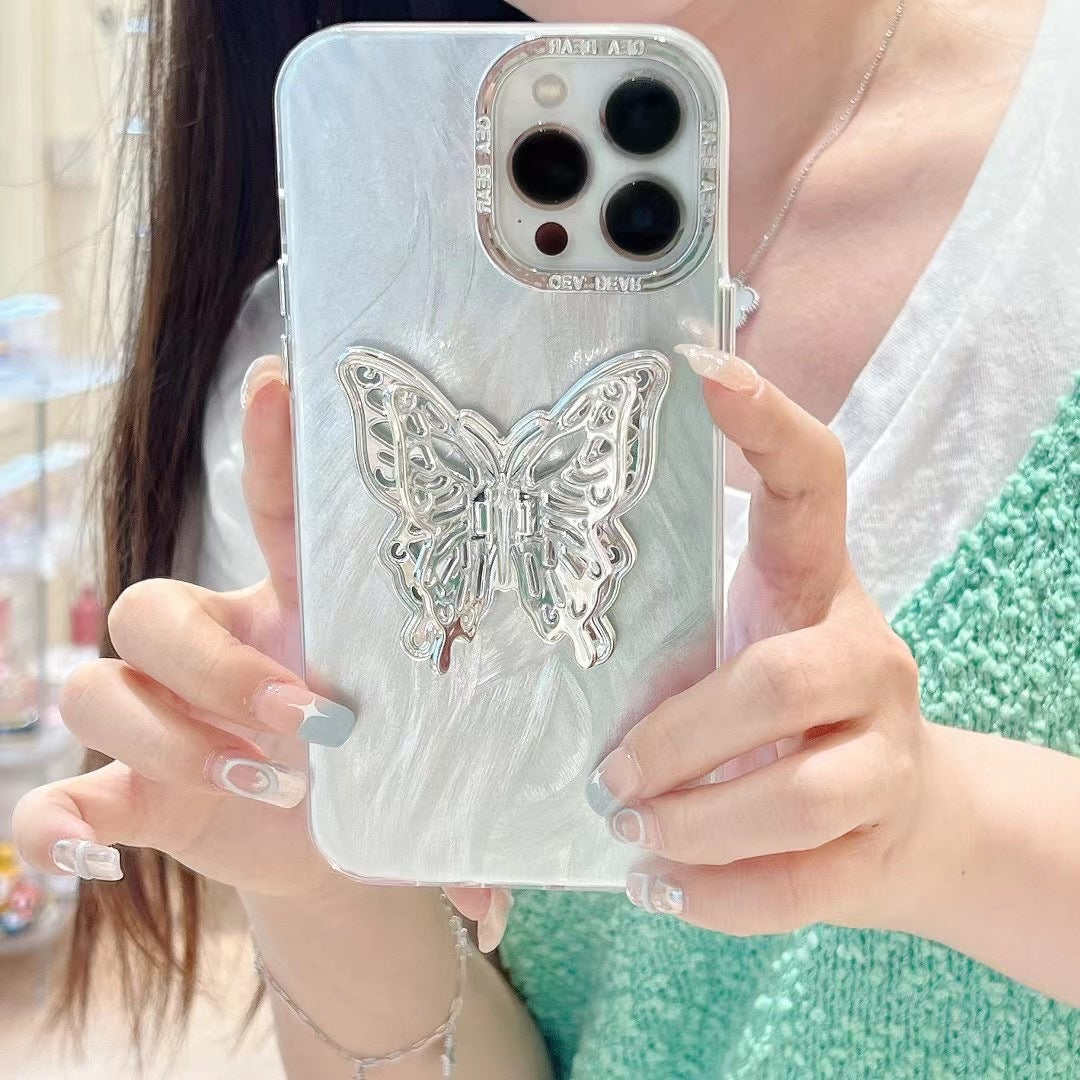 Funda de plumas plateadas para iPhone 15 Pro 11 con soporte de mariposa de plata galvanizada