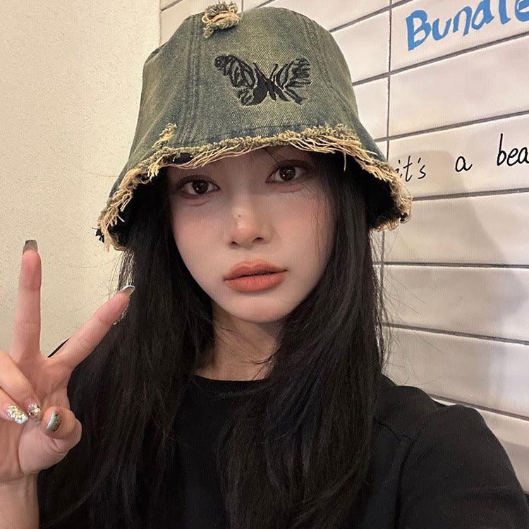 Vintage Embroidered Butterfly Denim Bucket Hat