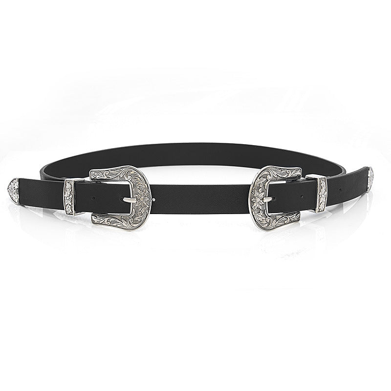 Double Buckle Leather Belt Women's Fine Belt