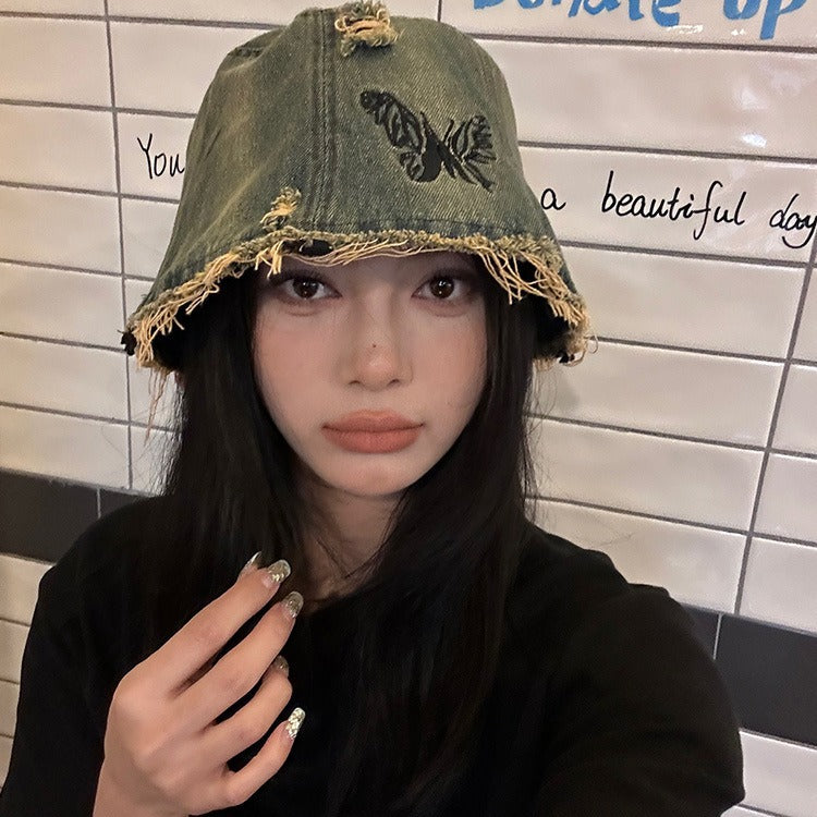 Vintage Embroidered Butterfly Denim Bucket Hat