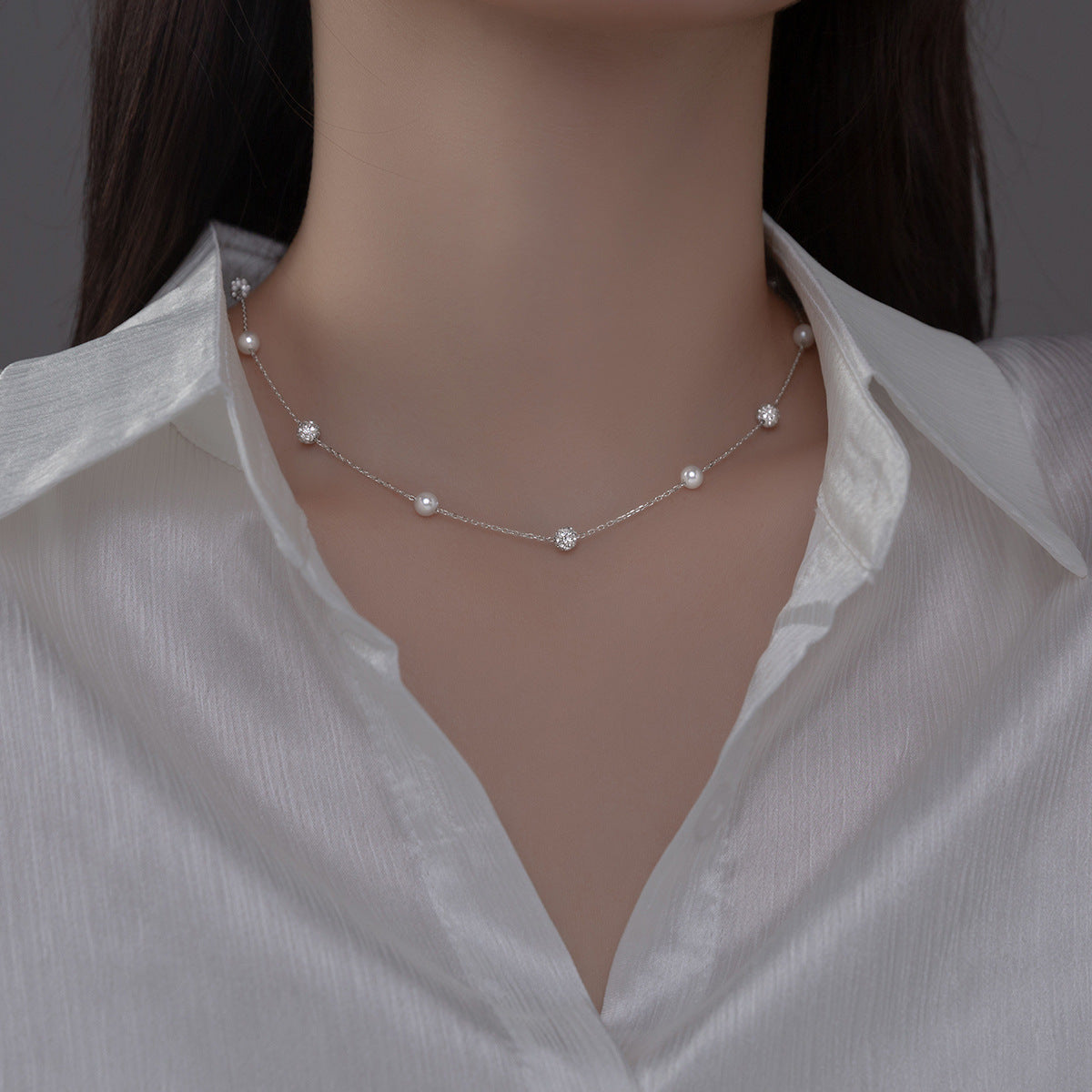 Titanium Steel Pearl & CZ Clavicle Necklace — Simple Elegant, Fade-Resistant