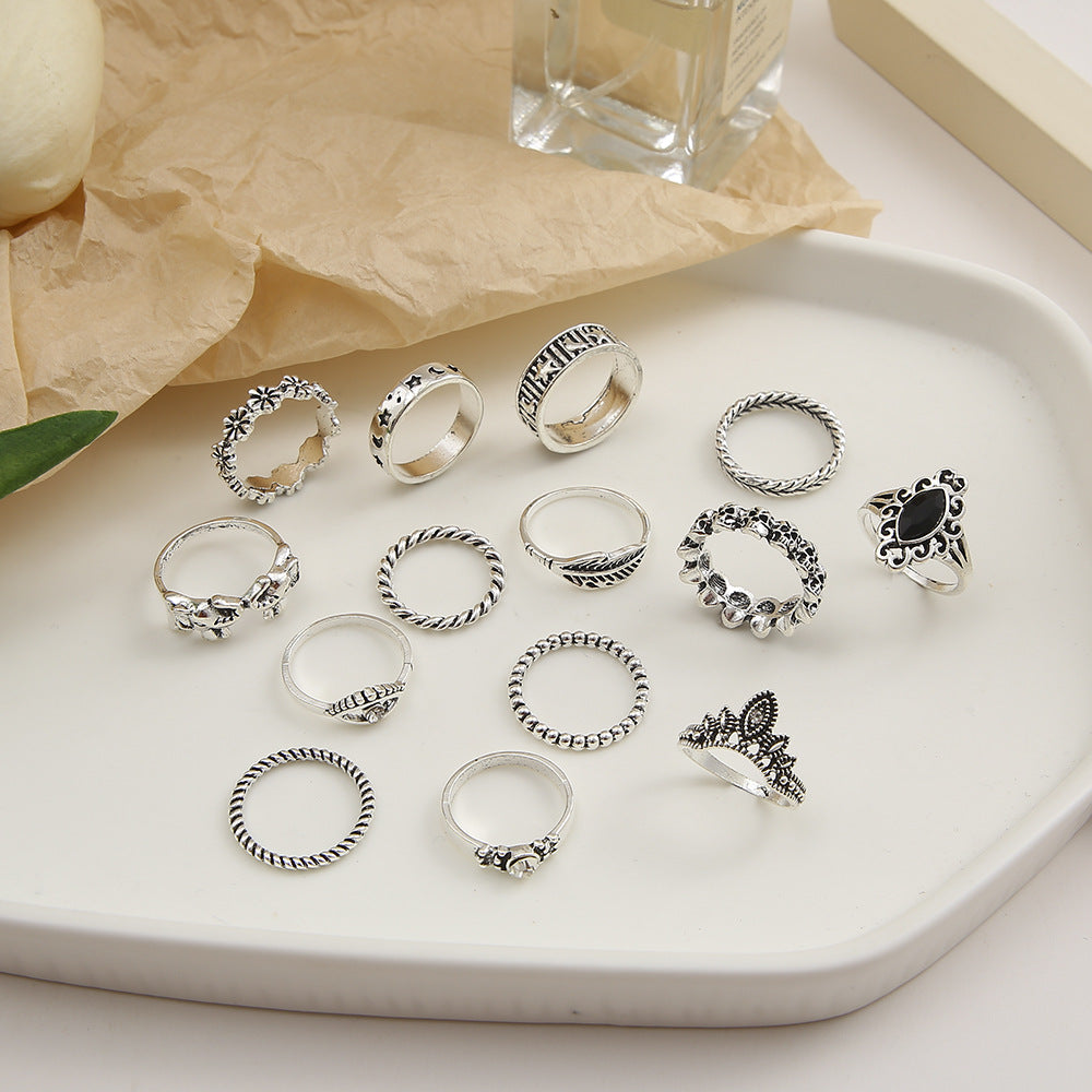 14-piece retro punk silver and black diamond ring set