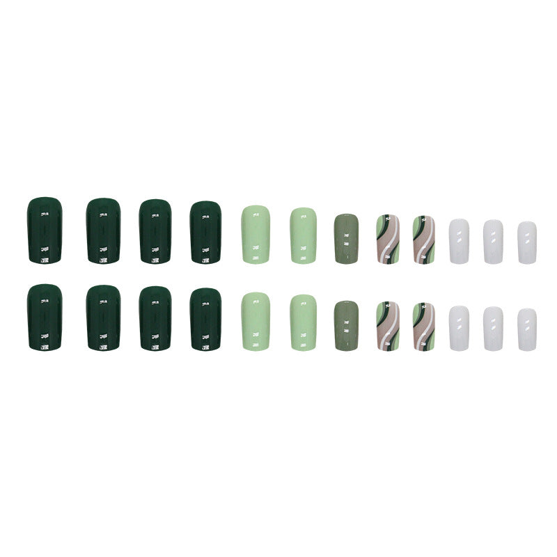 Green Striped Medium-Length Square Detachable Fake Nails