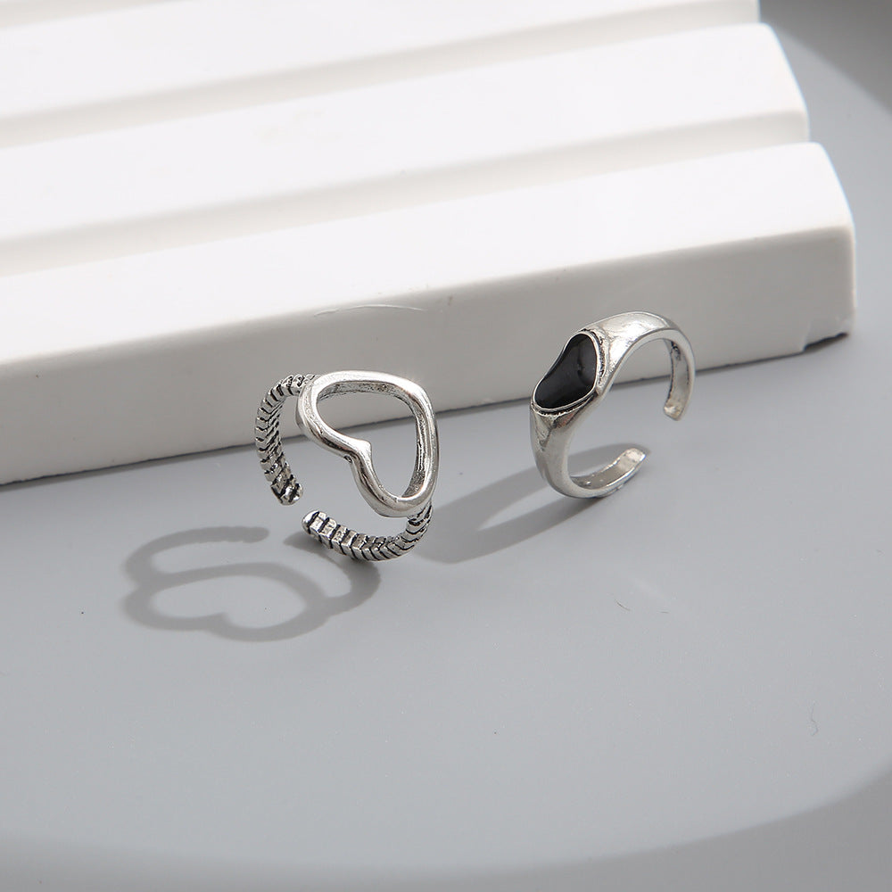 Vintage hollow heart open ring 2-piece set
