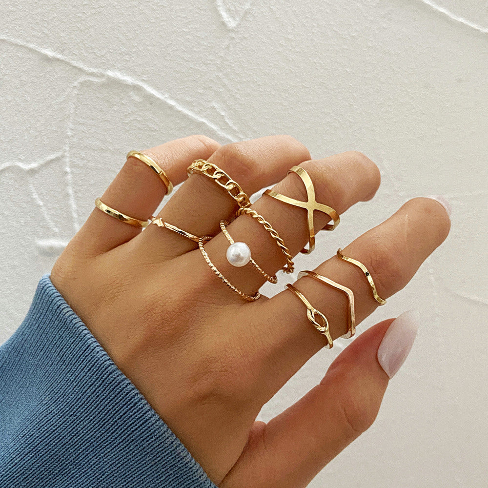 10-Piece Gold & Pearl Ring Set
